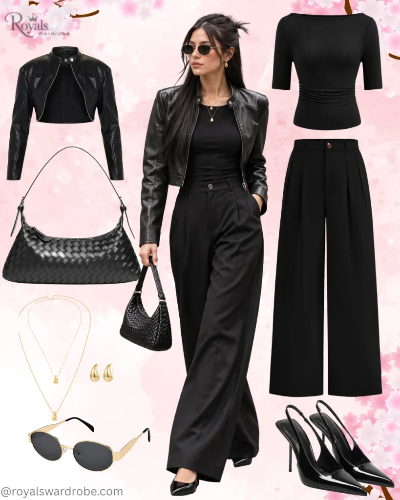 Black leather jacket with fitted ruched top, wide-leg black pants, pointed heels, black shoulder bag, gold jewelry, and oval sunglasses for a stylish autumn outfit