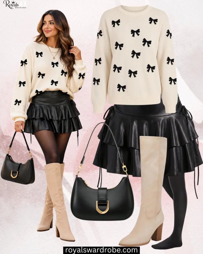 Black leather mini skirt with beige sweater, black tights, and tall boots for a fall outfit