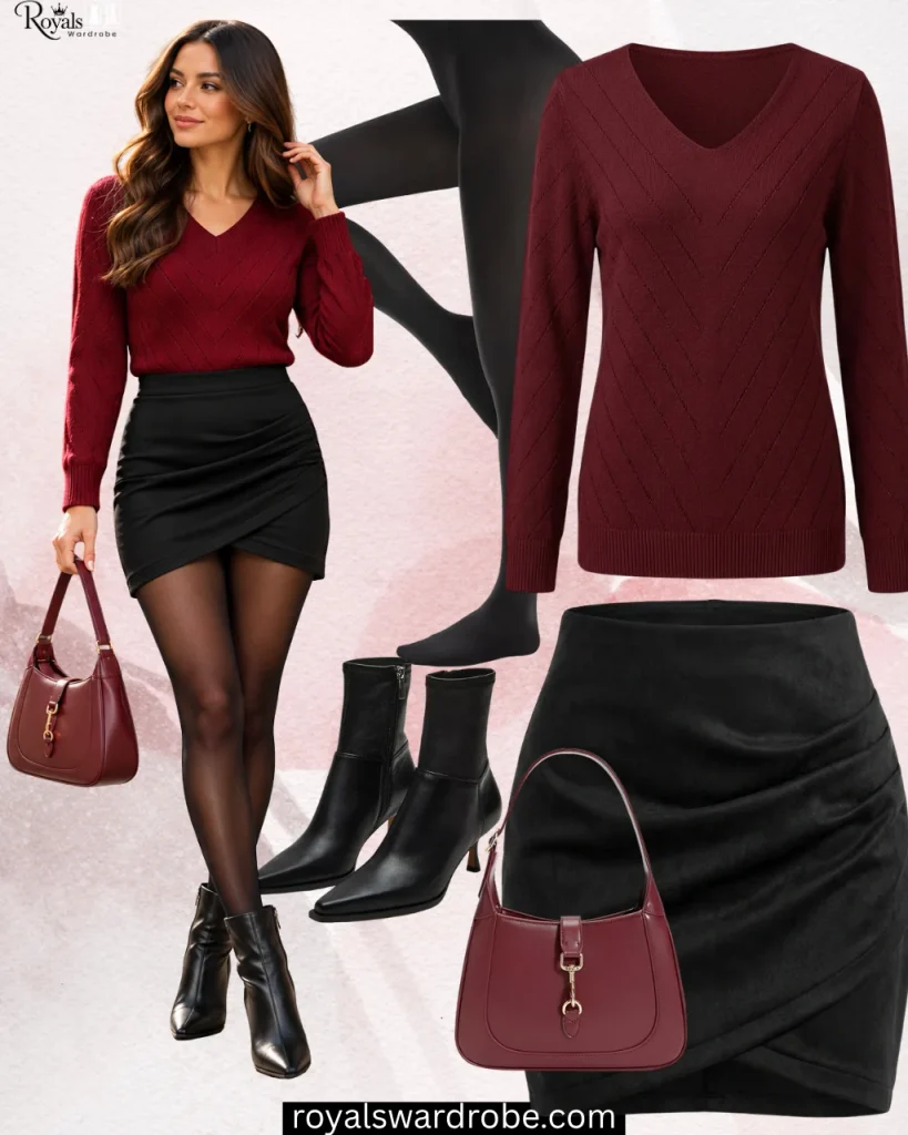 Black mini skirt with burgundy sweater, black tights, black ankle boots, and matching burgundy handbag for a fall outfit
