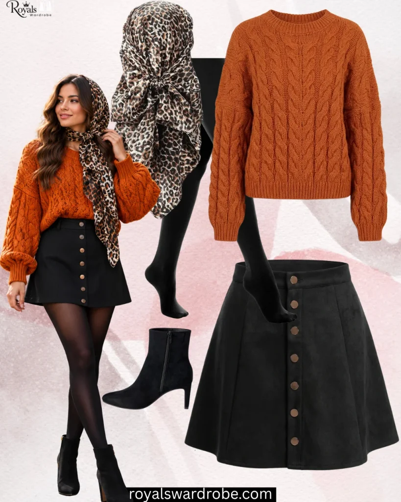 Black mini skirt with chunky rust knit sweater, black tights, ankle boots, and leopard-print headscarf for a fall outfit
