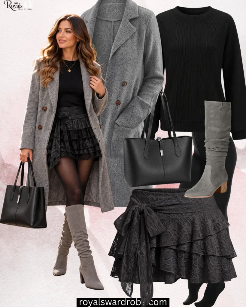 Black mini skirt with a cozy coat, tights, and tall boots for a stylish fall outfit