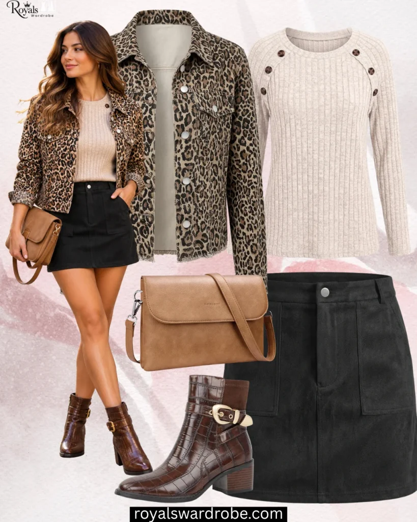 Black mini skirt with cozy sweater, denim jacket, tights, and brown ankle boots for a fall outfit