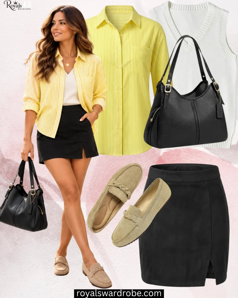 Black mini skirt with a cream knit vest, yellow striped button-down shirt, beige loafers, and black handbag