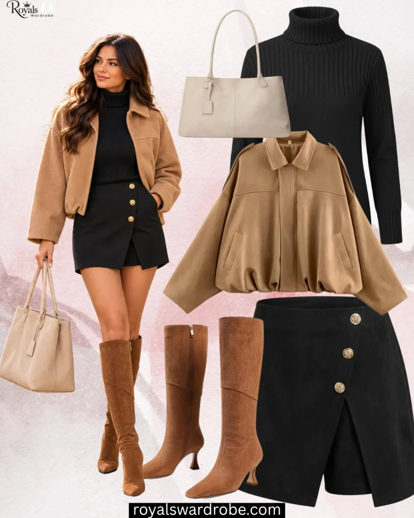 Black mini skirt with camel suede jacket, black turtleneck, brown knee-high boots, and cream tote bag for a fall outfit