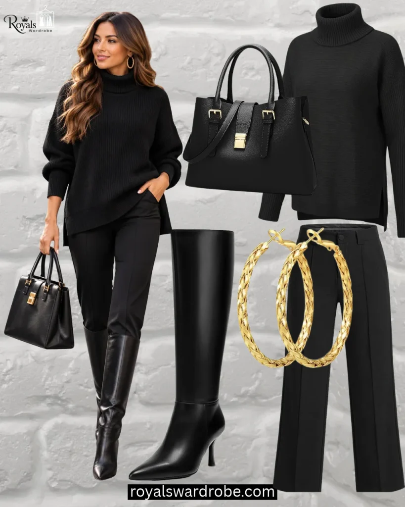 Black monochrome outfit with black turtleneck, tailored pants, leather knee-high boots, handbag, and gold earrings