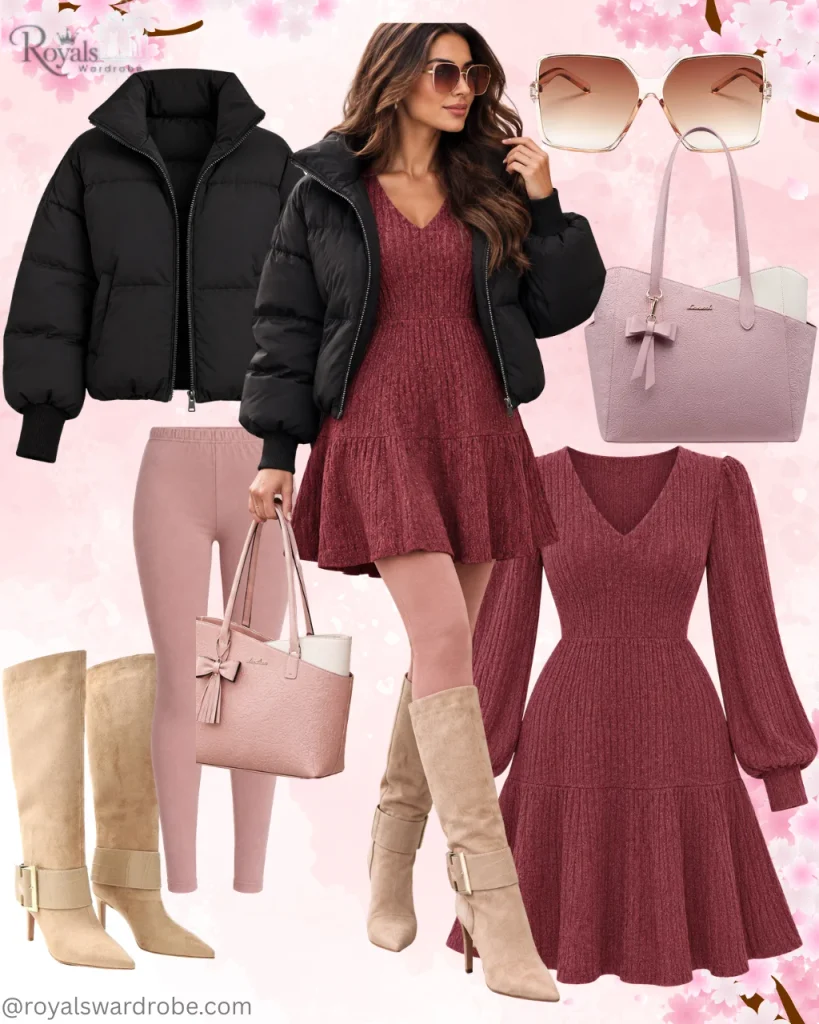Burgundy knit dress with black puffer jacket, tan tall boots, pink handbag, and oversized sunglasses for a stylish fall winter outfit