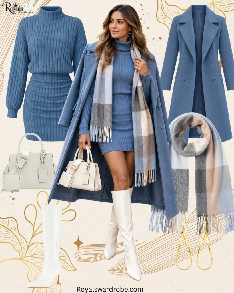Lazy fall outfits featuring a blue ribbed sweater dress, long blue coat, plaid scarf, white boots, and white handbag