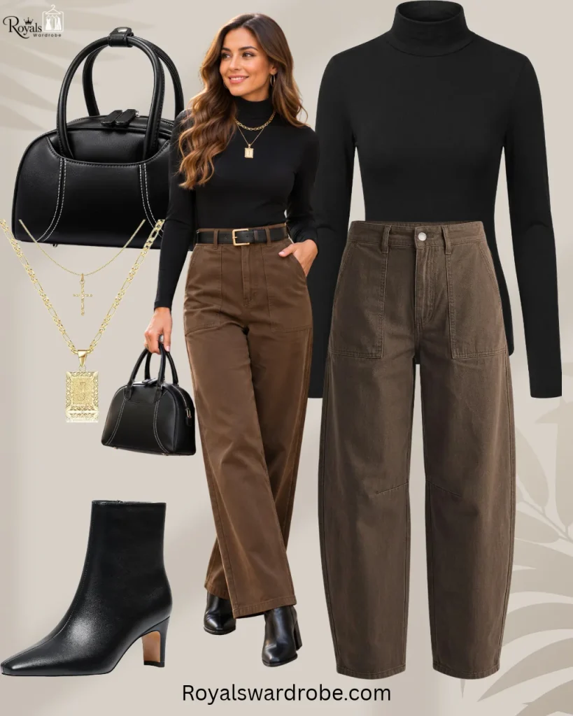 Brown barrel pants outfit with black turtleneck and ankle boots