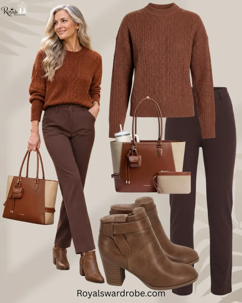 Woman wearing a brown monochromatic outfit with a rust knit sweater, dark brown trousers, leather ankle boots, and a two-tone tote bag.
