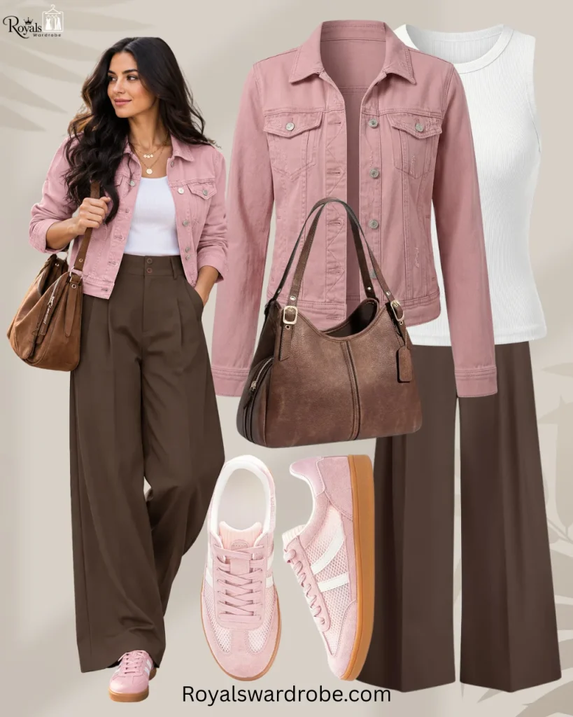 Brown wide-leg pants with denim jacket and pink sneakers for fall
