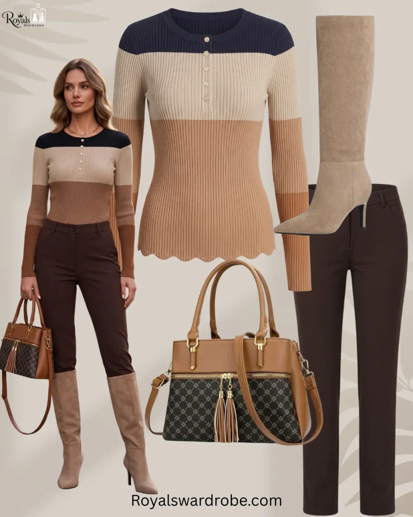 Woman wearing tailored brown pants with a fitted knit top and brown knee-high boots.
