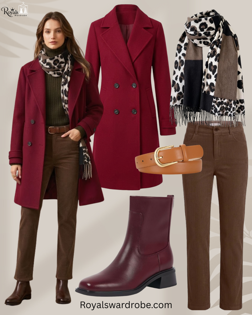 Woman wearing brown pants with a long coat, patterned scarf, and ankle boots for a stylish fall outfit