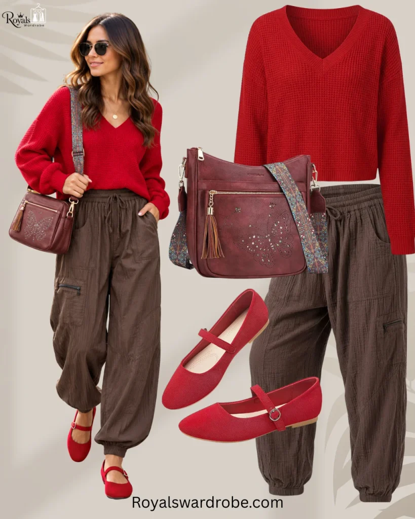 Stylish woman wearing brown trousers with a red sweater and red flats