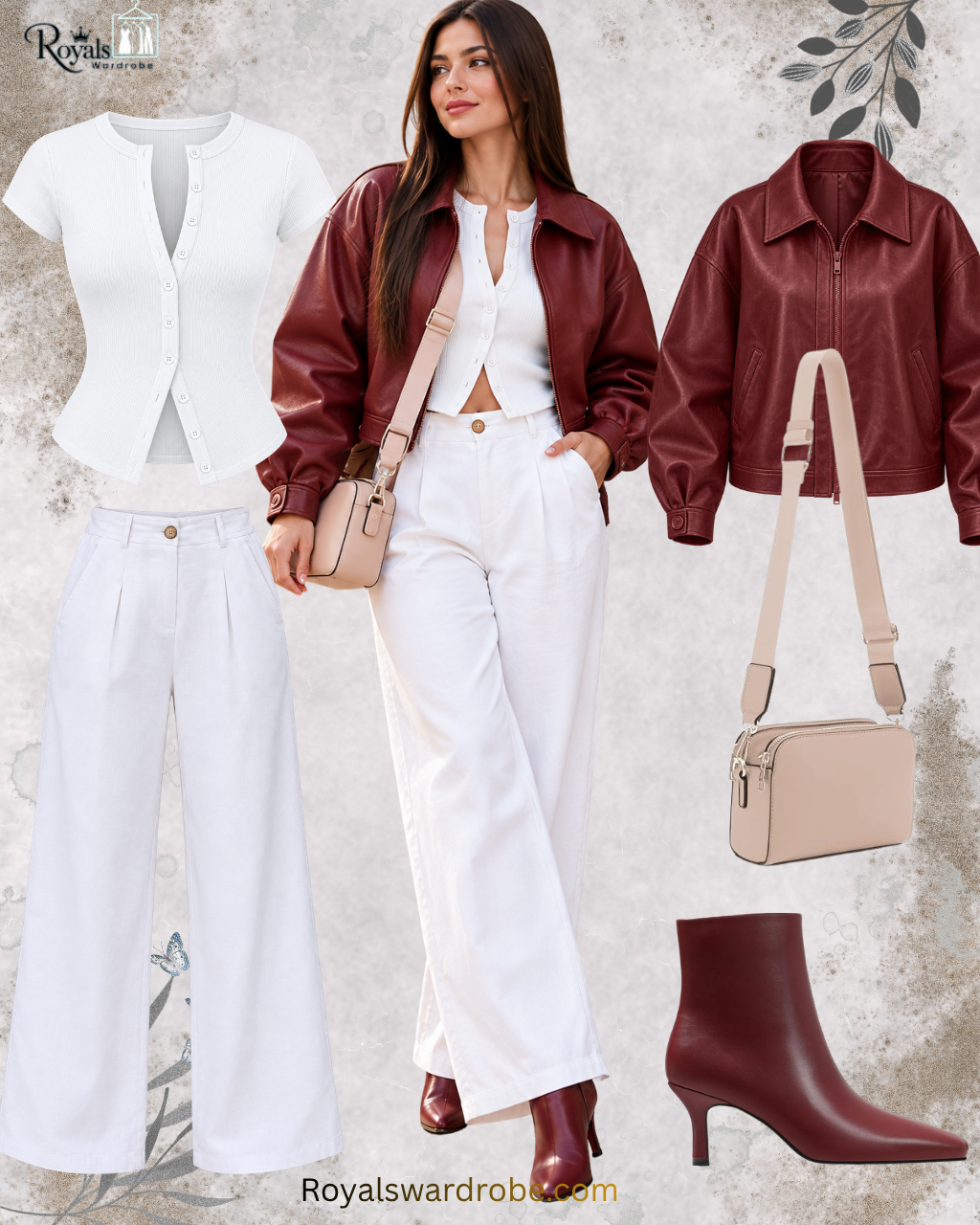 Burgundy leather jacket with white knit top, wide-leg pants, burgundy boots, and beige crossbody bag