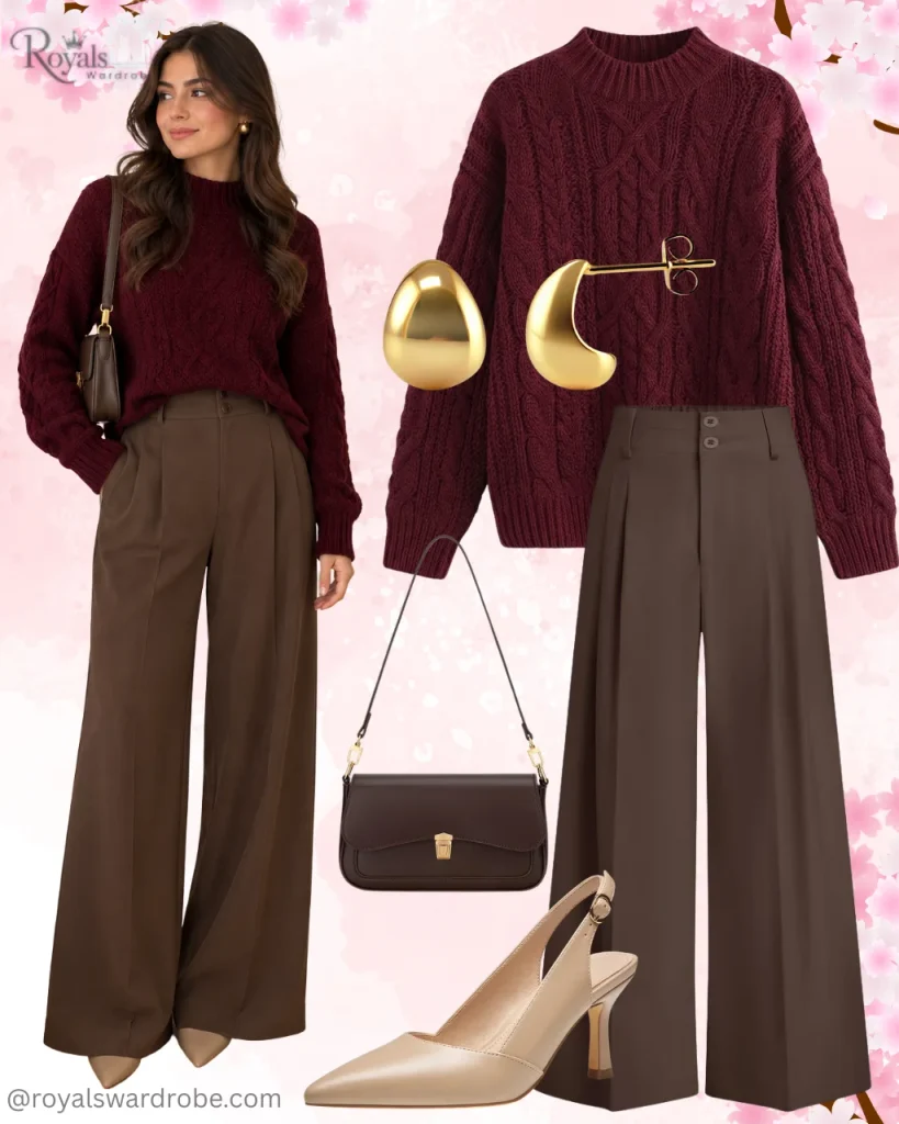 Burgundy sweater with brown wide-leg trousers, pointed beige heels, brown shoulder bag, and gold earrings for a chic fall outfit.