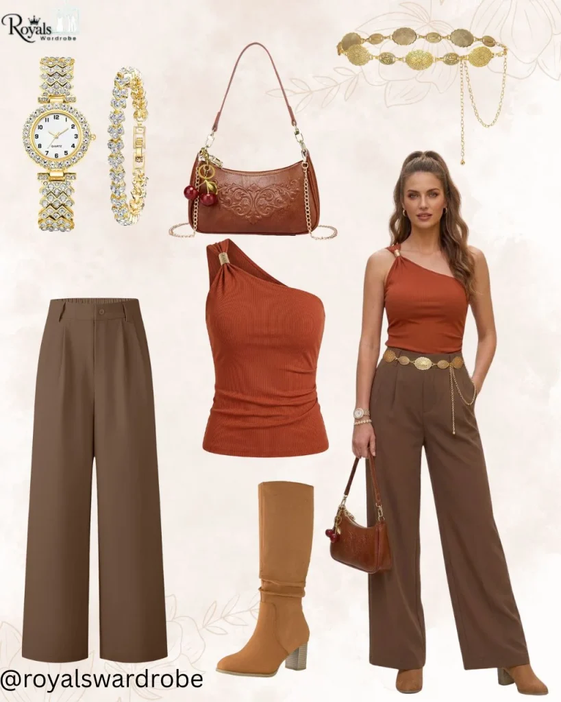 Burnt-orange top with loose brown pants, gold accessories, and light tan boots outfit