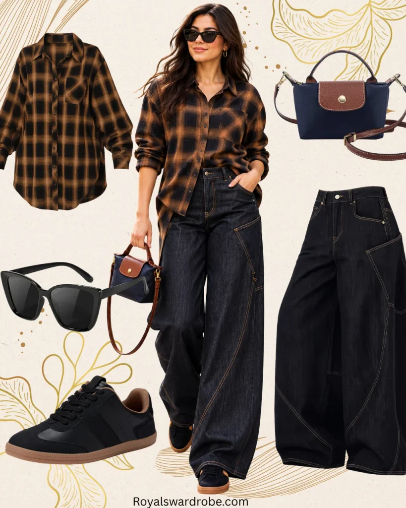 Tall stylish woman wearing a brown plaid shirt with wide-leg dark jeans, black sneakers, sunglasses, and a navy brown handbag for a casual fall outfit.