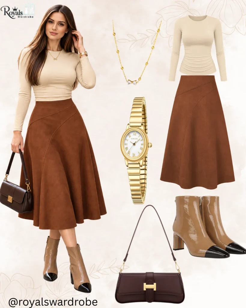 Chocolate-brown skirt with a cream fitted top and light tan ankle boots outfit