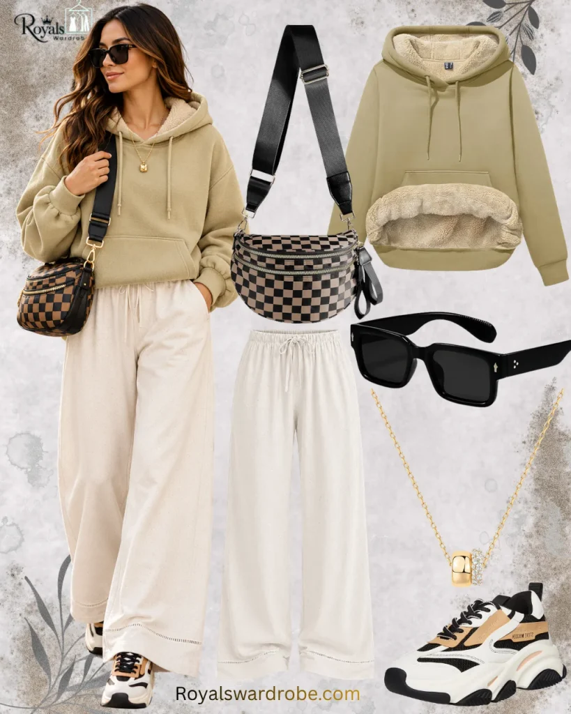 Cozy fall outfit with a hoodie, cream wide-leg pants, brown tote bag, sunglasses, sneakers, and pendant necklace