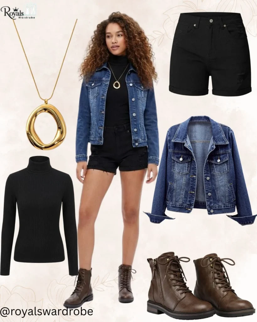 Denim jacket with black turtleneck and shorts styled with brown ankle boots