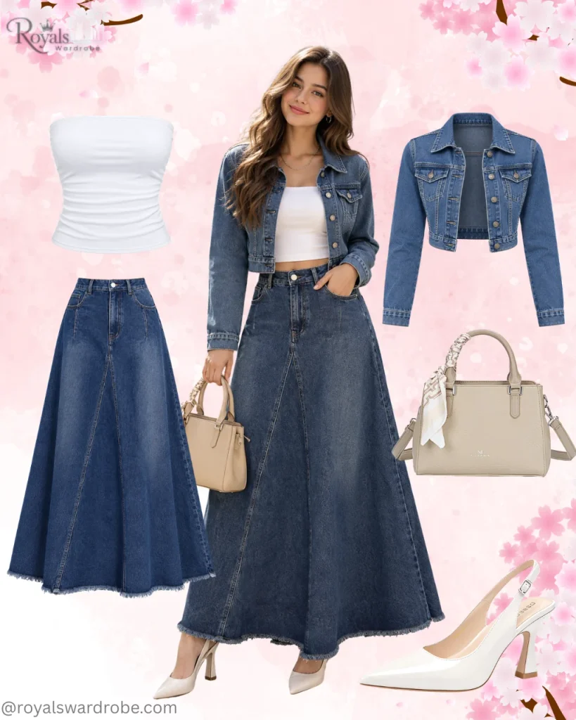 Cropped denim jacket with white top, denim maxi skirt, pointed cream heels, and beige handbag for a stylish fall outfit for women