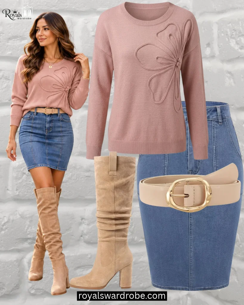 Denim skirt with a knit sweater and tan over-the-knee boots for a stylish Fall outfit