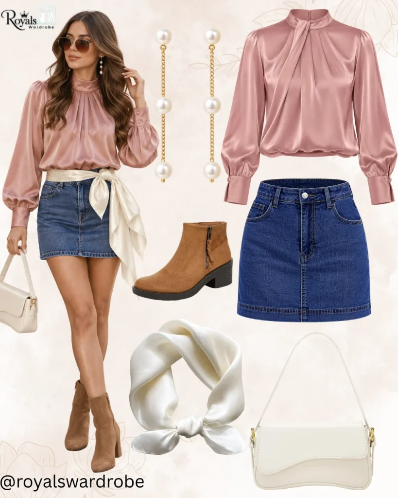 Dusty pink blouse with a denim skirt, light tan ankle boots, and white accessories