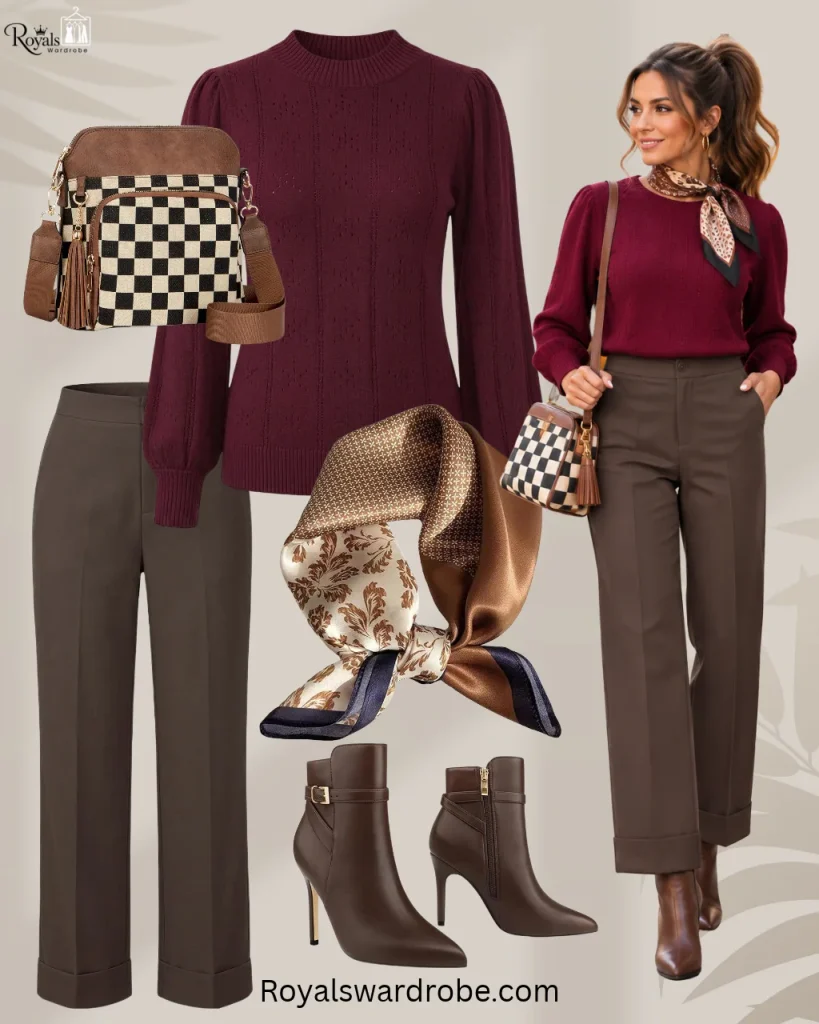 Fall brown pants outfit with burgundy sweater and brown boots