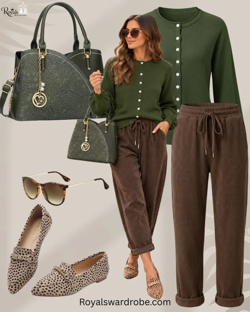 Fall brown pants outfit with olive green cardigan and leopard loafers