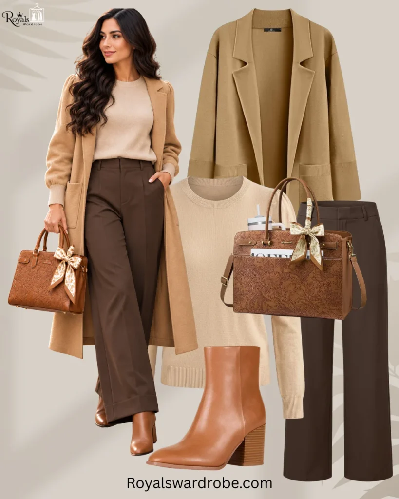 Fall brown pants outfit with cream sweater camel coat brown boots and handbag