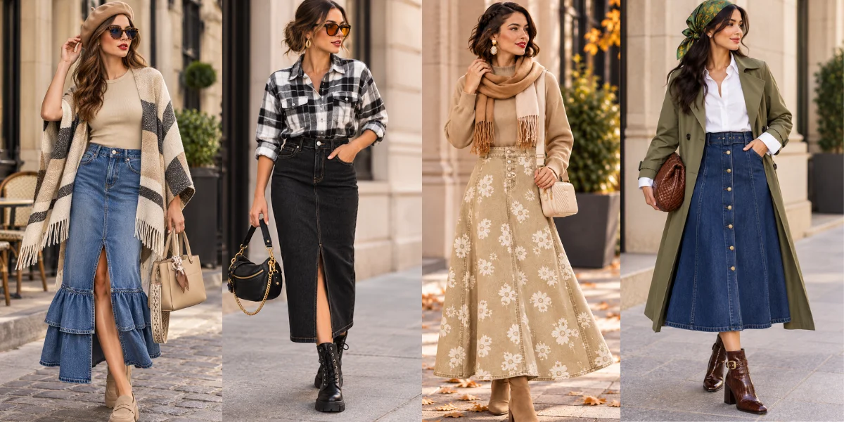 Read more about the article 21 Trendy Fall Long Jean Skirt Outfits for 2026 Fashion