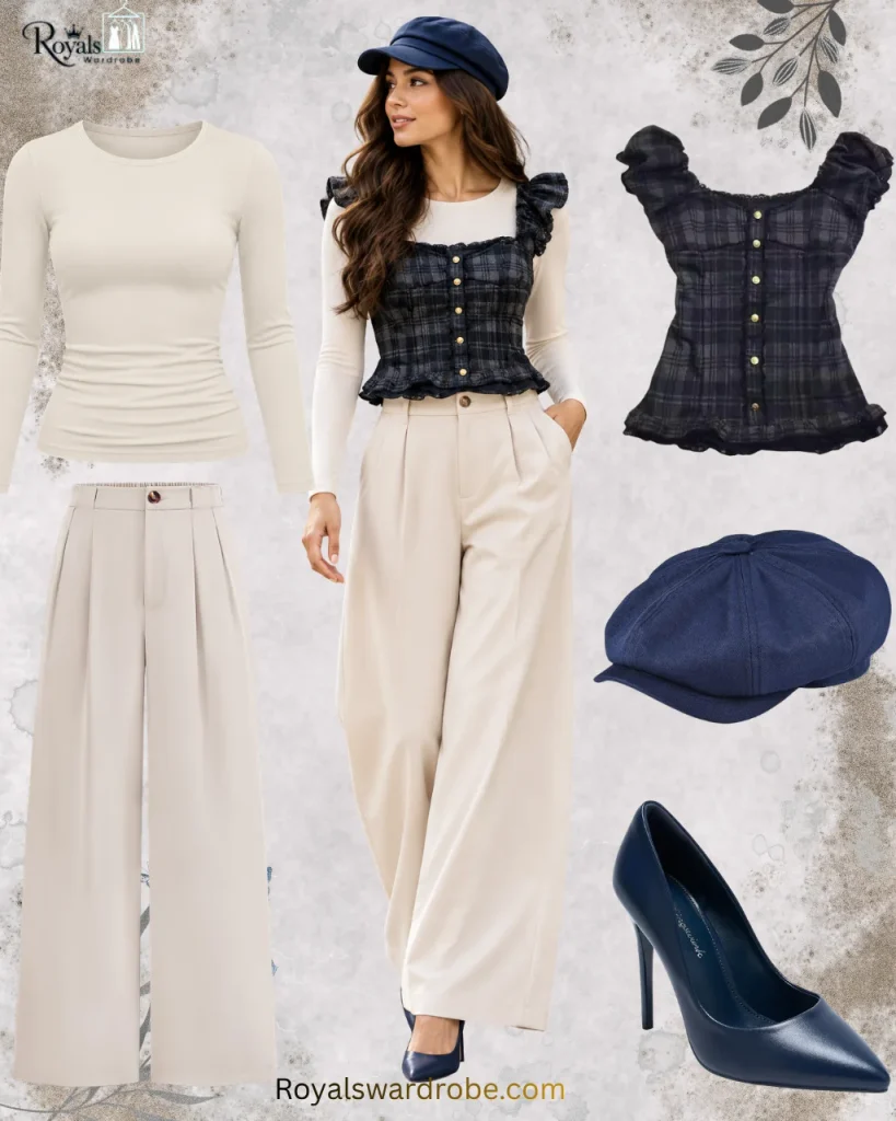 Fall outfit with a dark plaid ruffled shirt, cream inner top, cream wide-leg trousers, navy pointed heels, and navy cap