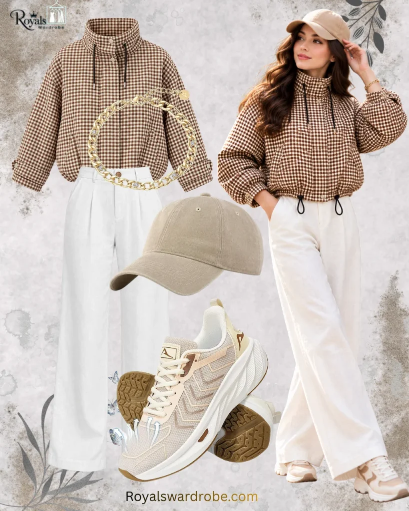 Fall white linen pants outfit with a closed brown gingham bomber jacket, beige cap, gold chain, and neutral sneakers