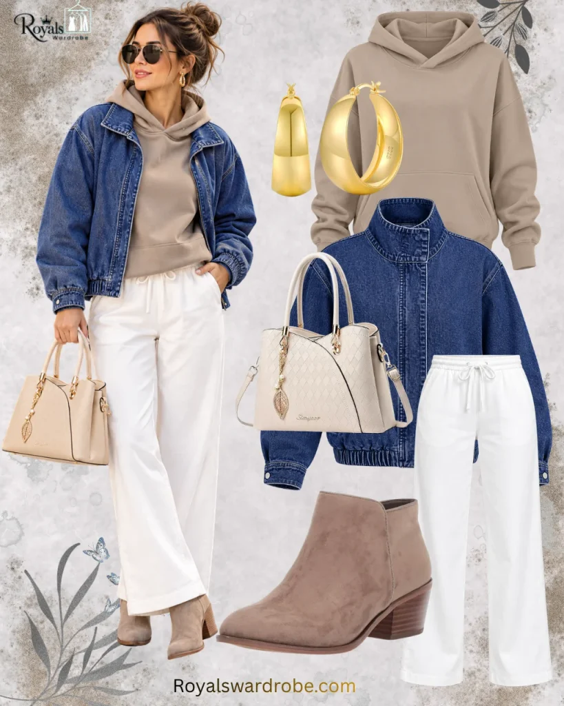 Fall white linen pants outfit with a beige hoodie, blue denim jacket, beige ankle boots, and cream handbag