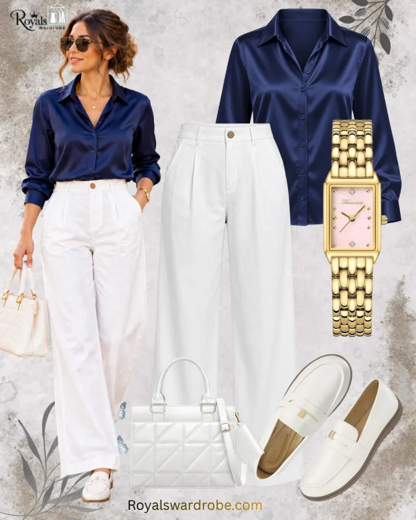 Fall white linen pants outfit with a navy satin shirt, white loafers, quilted handbag, gold jewelry, and a loose messy ponytail