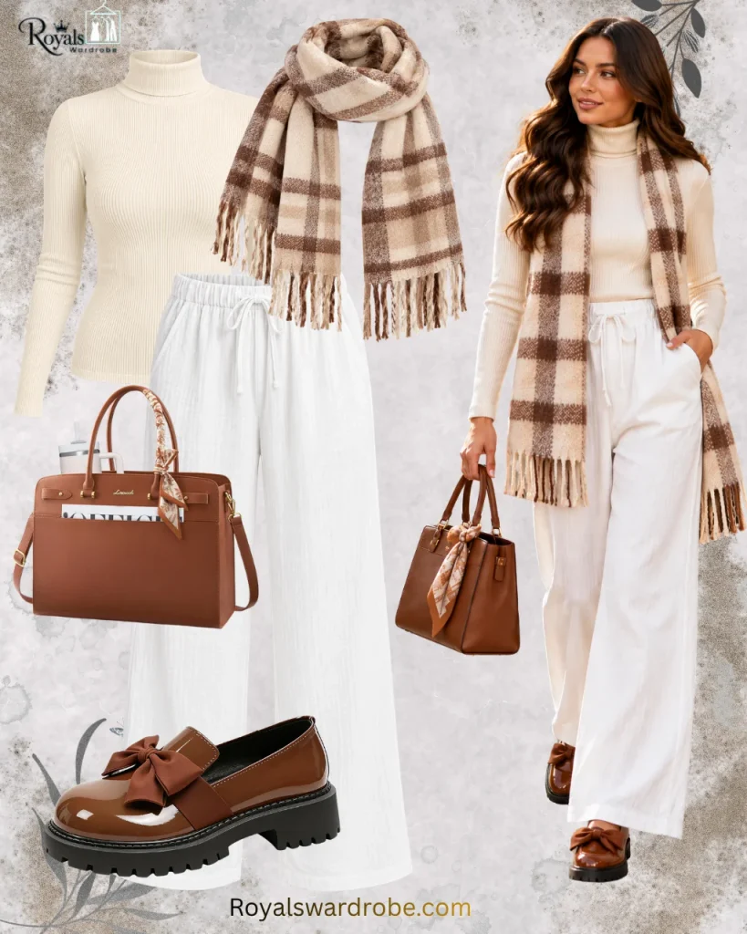 Fall white linen pants outfit with ivory turtleneck, plaid scarf, brown loafers, and cognac handbag