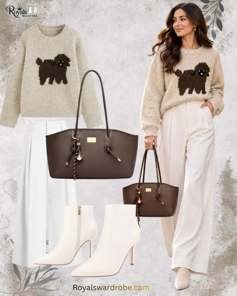 Fall outfit with white wide-leg trousers, cream dog-print sweater, cream ankle boots, and brown tote bag