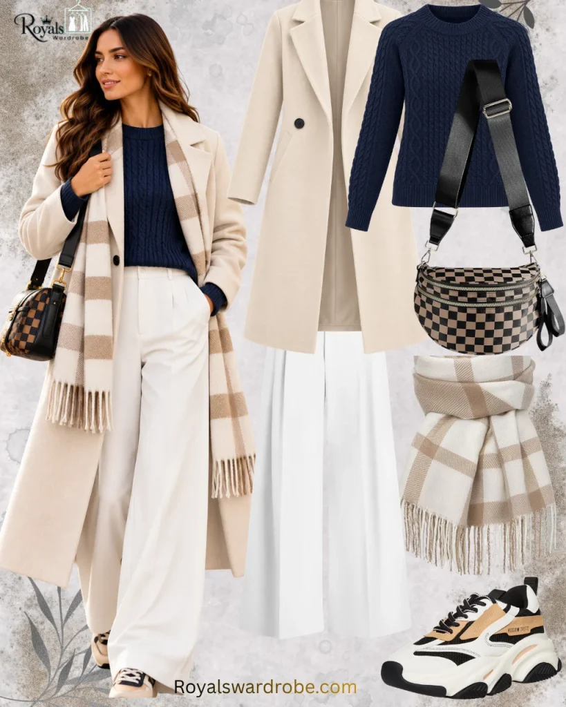 Fall outfit with white wide-leg trousers, navy cable-knit sweater, cream long coat, and beige plaid scarf