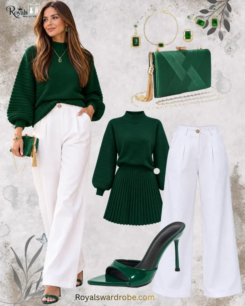Green sweater dress with white wide-leg pants, green heels, and matching jewelry and bag