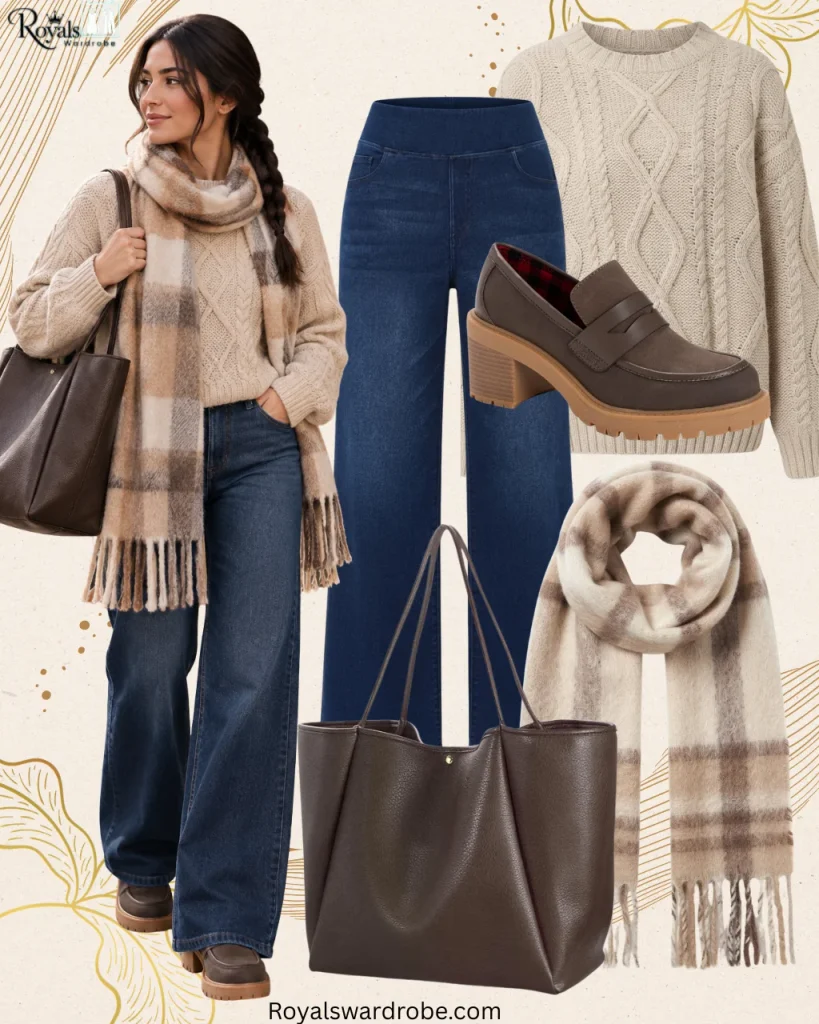 Lazy fall outfits with a cream cable-knit sweater, wide-leg jeans, plaid scarf, brown loafers, and tote bag
