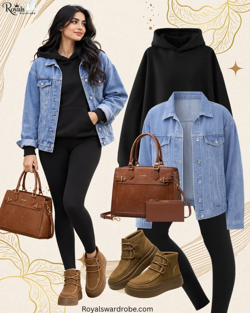 Lazy fall outfits with a blue denim jacket, black hoodie, black leggings, brown ankle boots, and leather tote bag