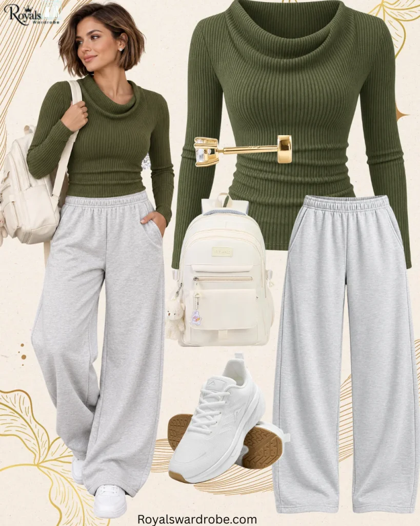Lazy fall outfits with an olive green ribbed top, gray wide-leg sweatpants, white sneakers, and a white backpack
