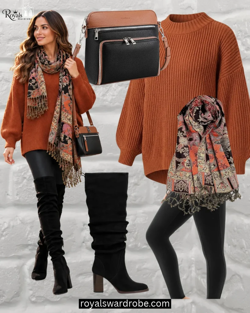 Black leggings with an oversized rust sweater and black over-the-knee boots for a cozy Fall outfit