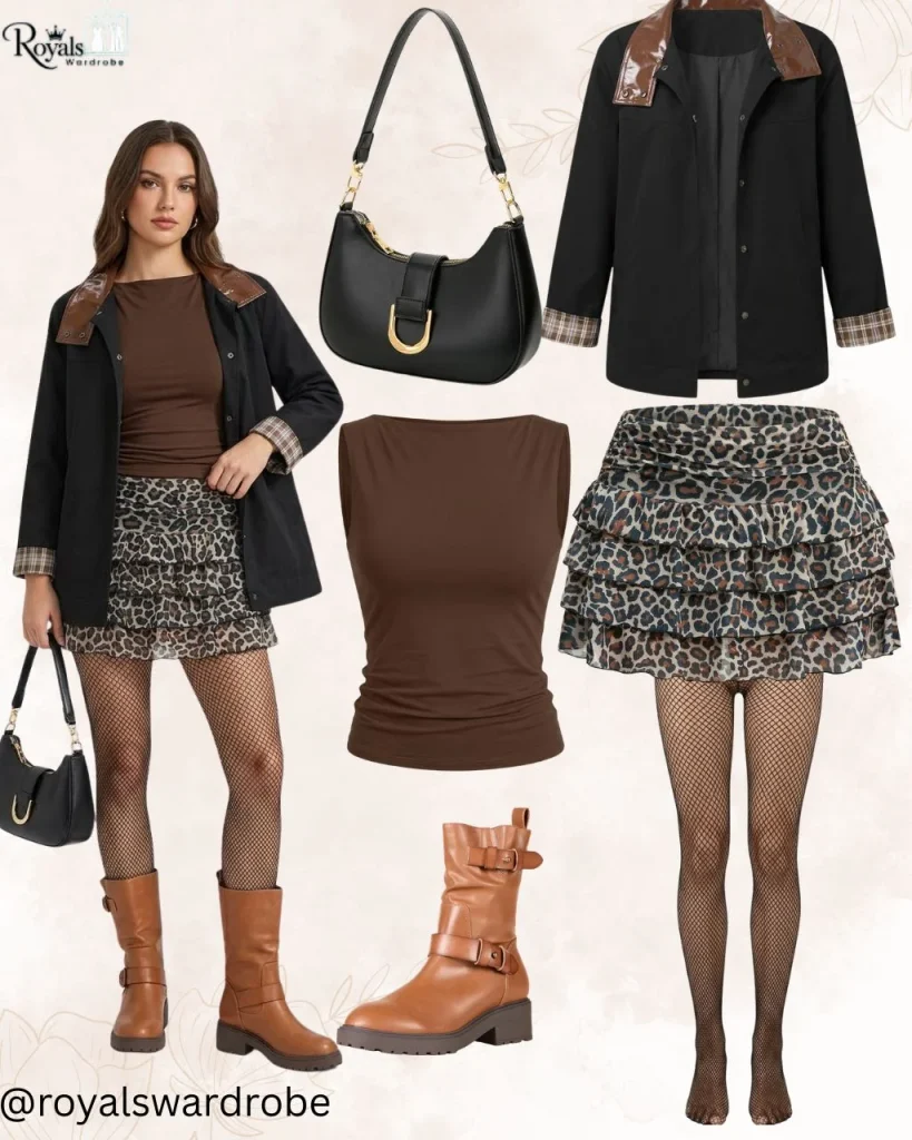 Leopard print skirt with brown top, black jacket, and light tan boots outfit