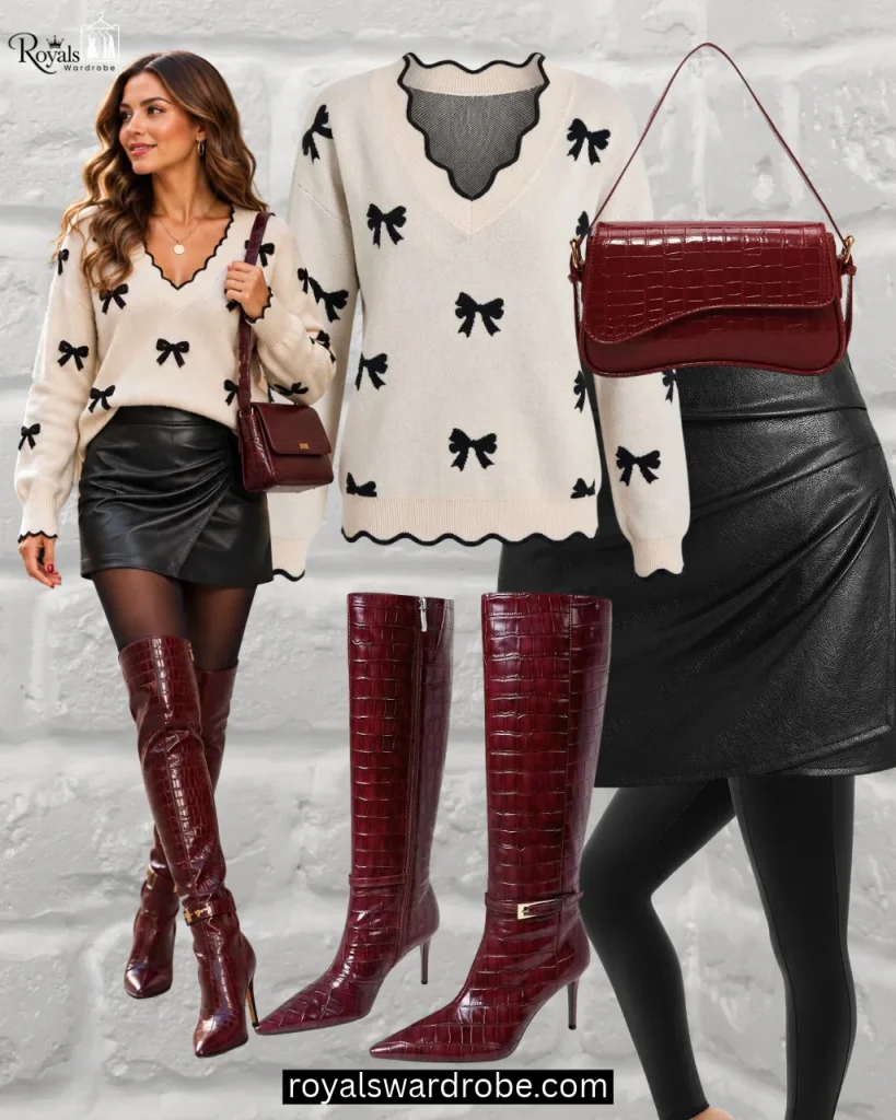 Mini skirt with black tights and burgundy over-the-knee boots outfit for Fall
