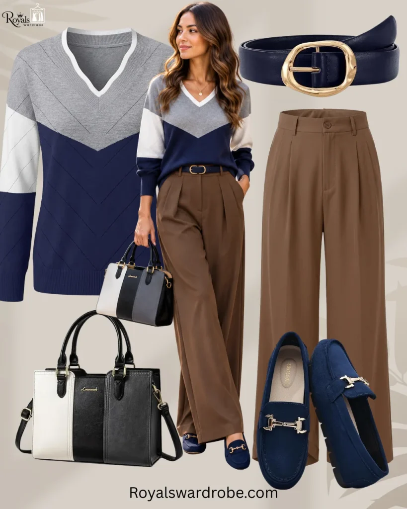 Woman wearing a navy sweater with brown tailored trousers and classic loafers