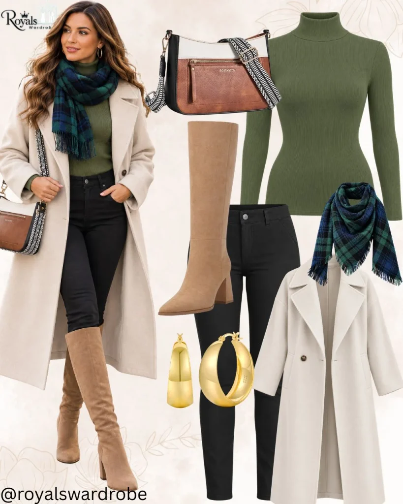 Olive green turtleneck with black pants, cream coat, plaid scarf, and light tan knee-high boots