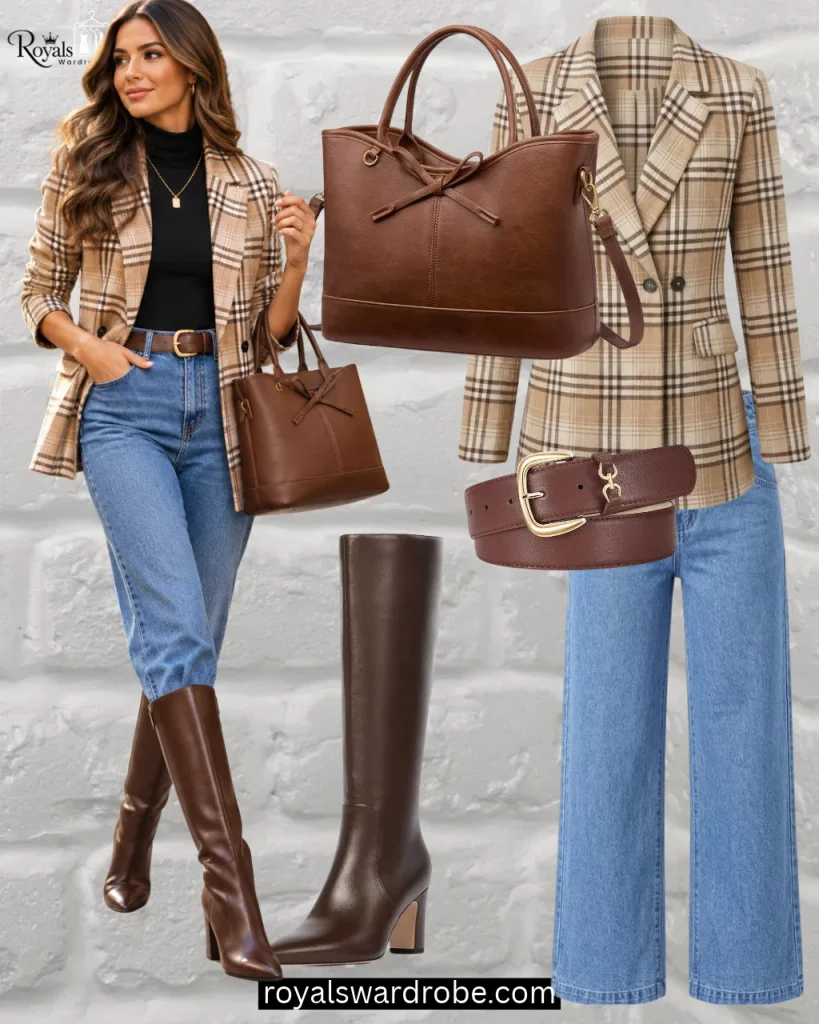 Plaid blazer with blue jeans, black turtleneck, brown knee-high leather boots, and tote bag