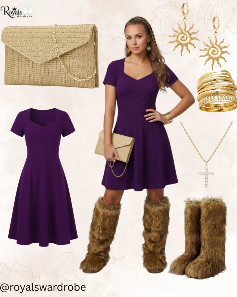 Plum purple dress styled with fur boots, a woven clutch, and gold accessories