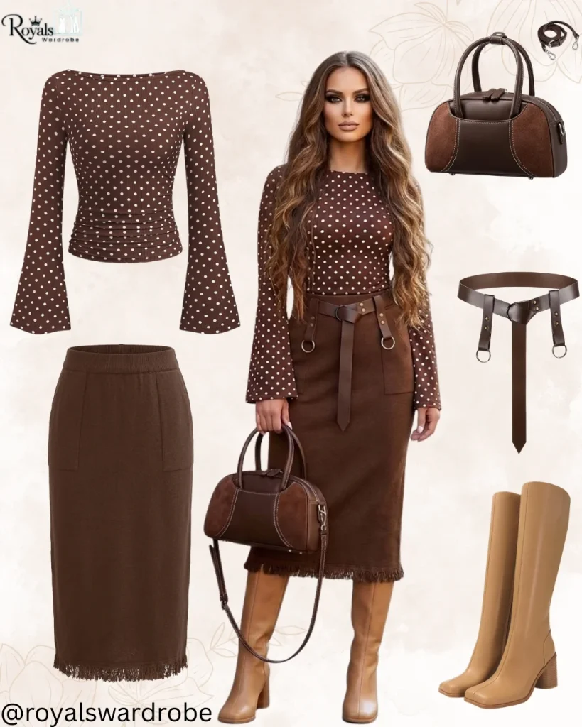 Brown polka-dot top with a brown midi skirt and light tan knee-high boots outfit